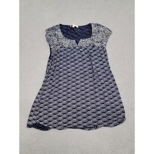 Skies Are Blue Shirt Womens Medium Navy White Boho Embroidered Tunic Top